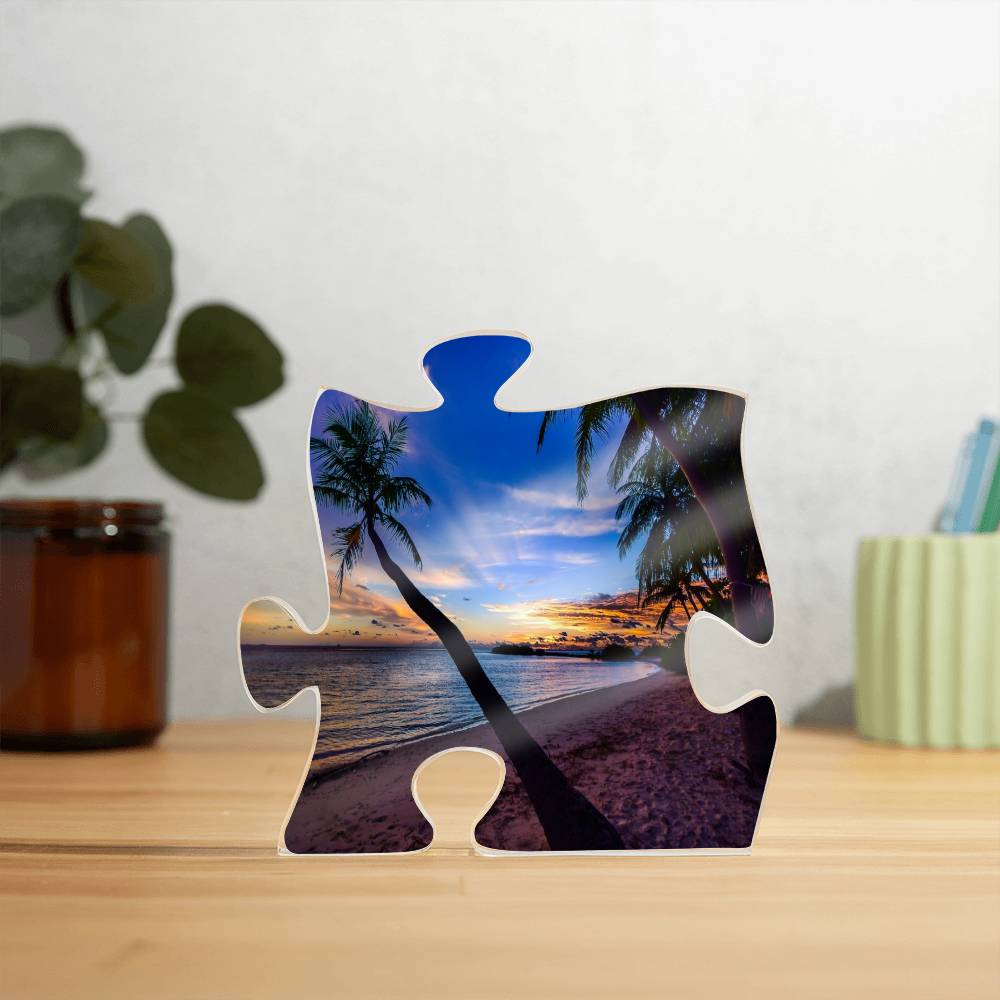 Beach Sunset with Palm Trees Puzzle Plaque