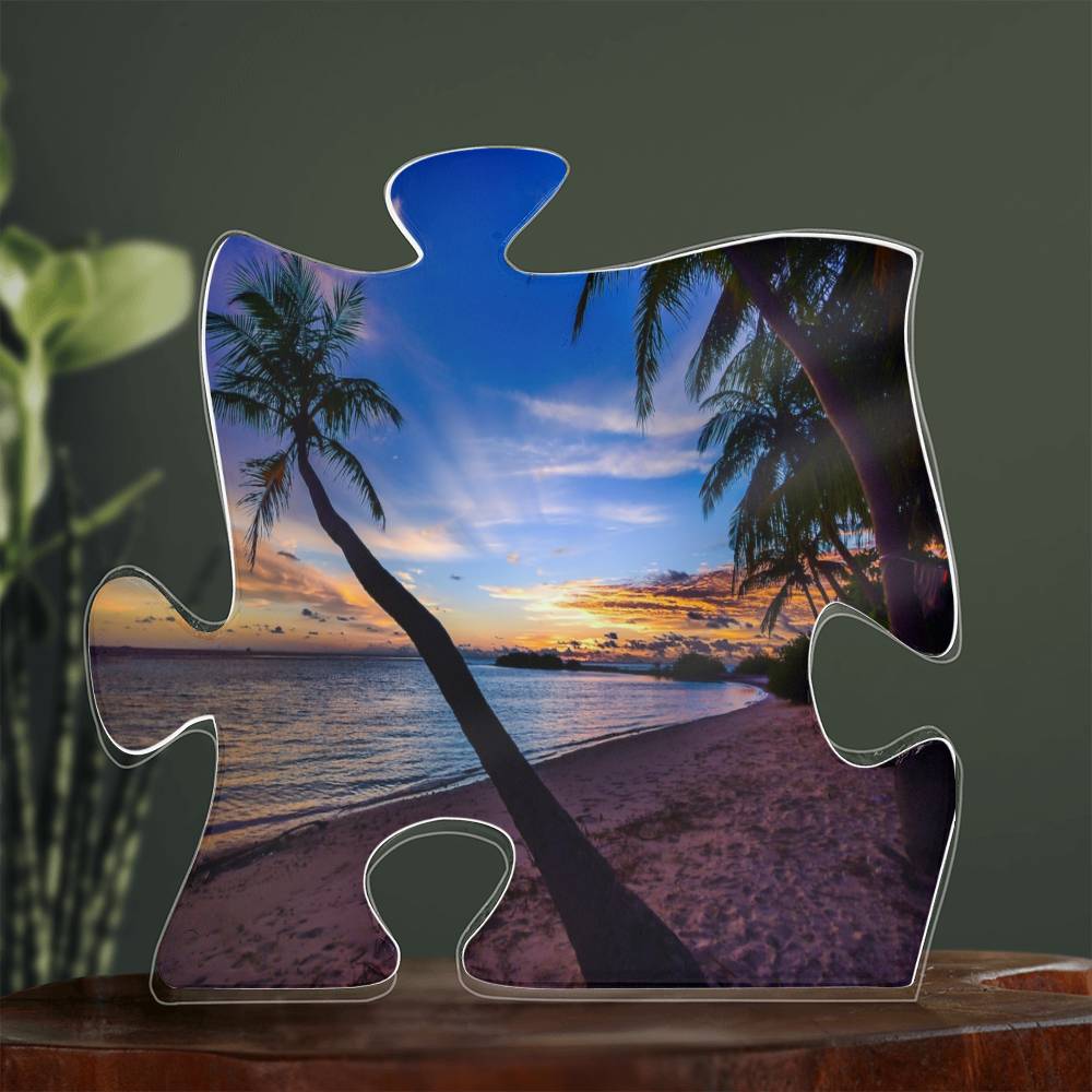 Beach Sunset with Palm Trees Puzzle Plaque