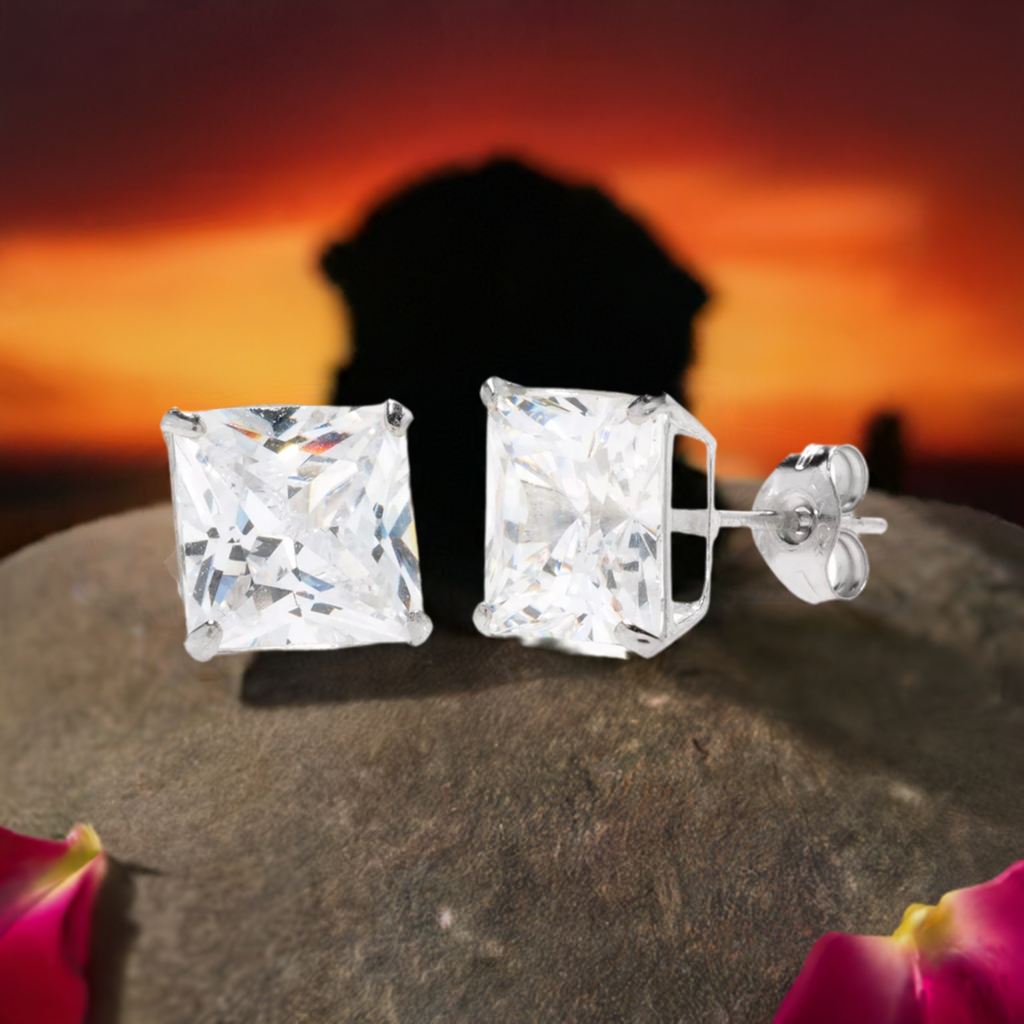 14K White Gold Square Diamond Stud Earrings