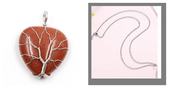 Peach Heart-shaped Lovers Pendant Natural Crystal Tree Of Life Necklace