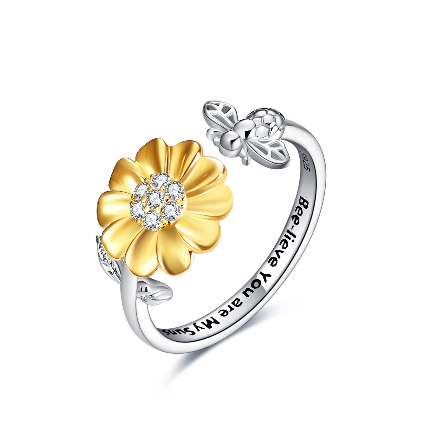 Sterling Silver Sunflower with Bee-live You Are My Sunshine Open Adjustable Ring