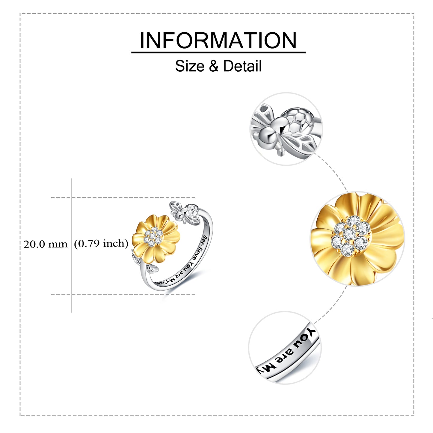 Sterling Silver Sunflower with Bee-live You Are My Sunshine Open Adjustable Ring