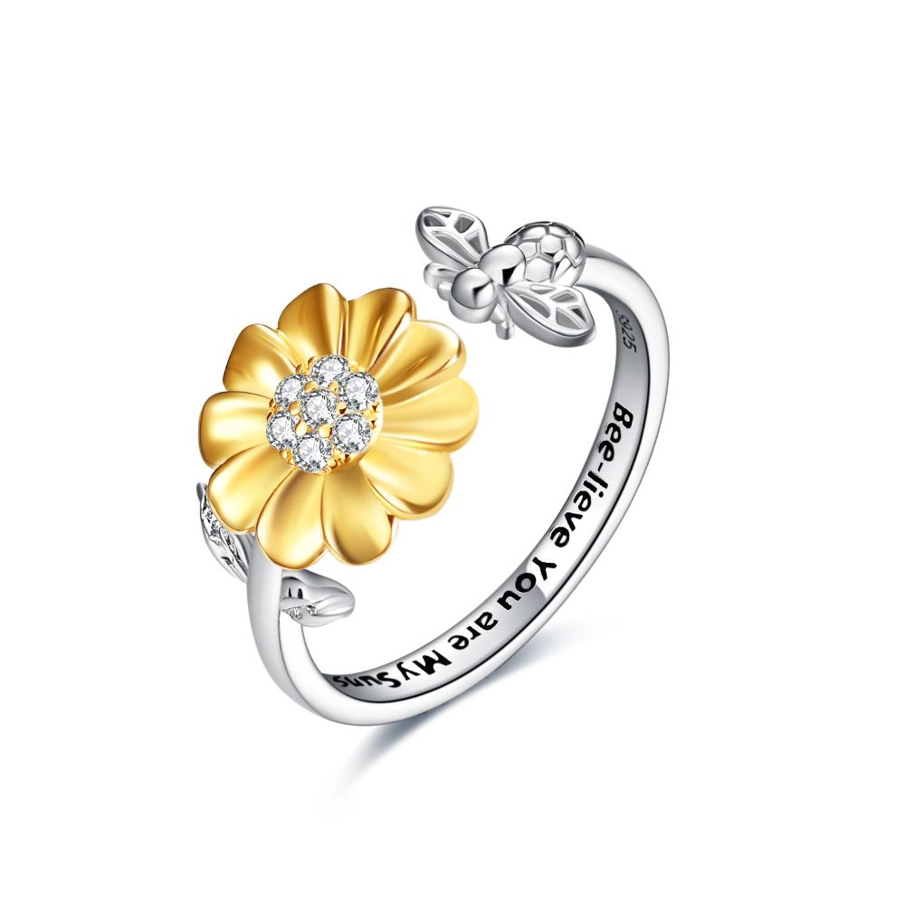 Sterling Silver Sunflower with Bee-live You Are My Sunshine Open Adjustable Ring