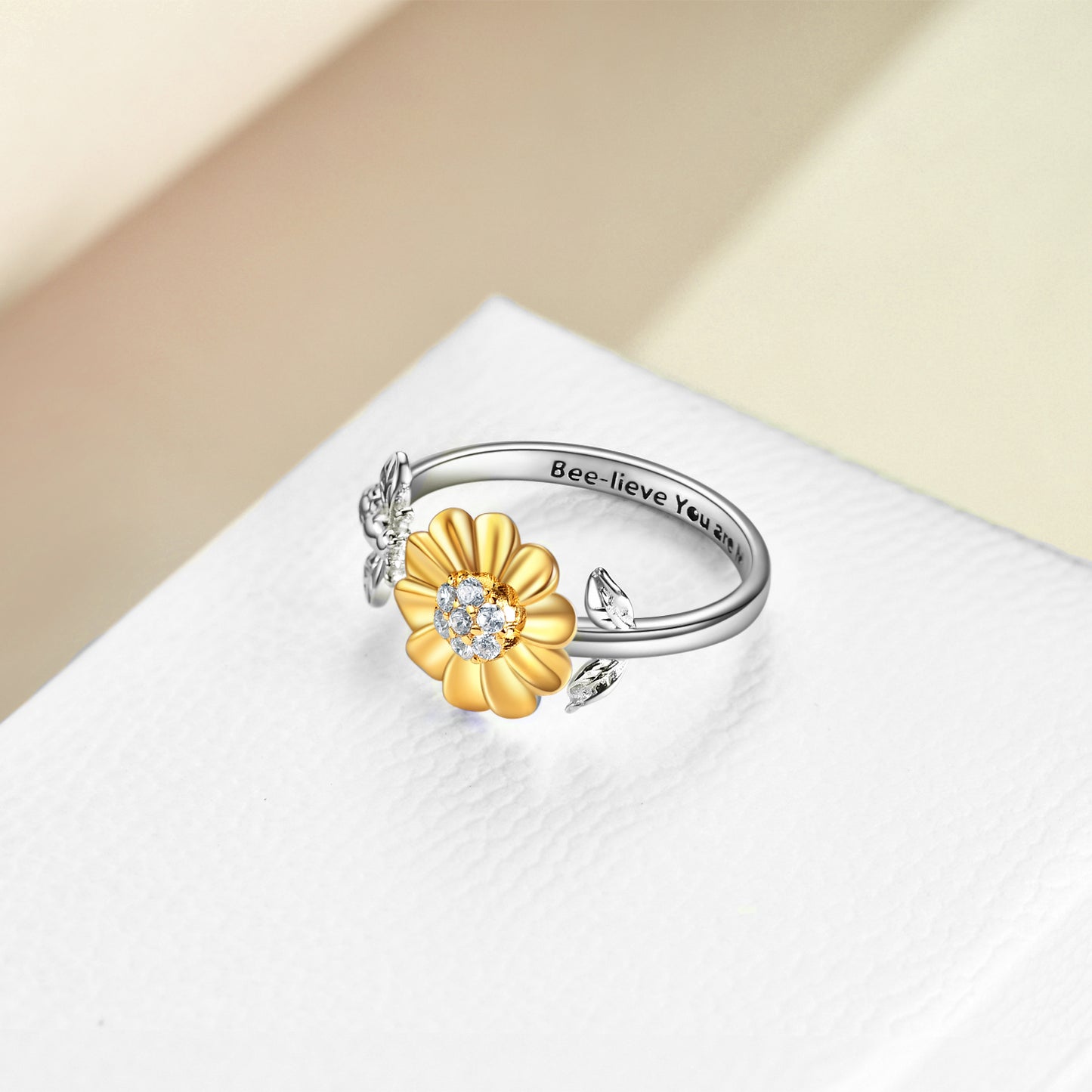 Sterling Silver Sunflower with Bee-live You Are My Sunshine Open Adjustable Ring